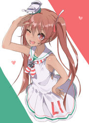  brown_eyes brown_hair commentary_request dark-skinned_female dark_skin dress female hair_ribbon heart highres kantai_collection libeccio_(kancolle) long_hair mugcup one_eye_closed open_mouth ribbon sailor_dress salute sleeveless smile solo twintails 