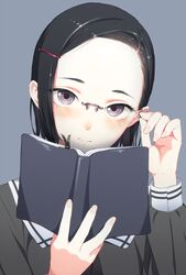  adjusting_eyewear aida_takanobu black_hair blue_eyes book bookmark commentary female fingernails forehead glasses grey_background grey_eyes hair_ornament hairclip looking_at_viewer open_book original reading short_hair simple_background solo 