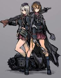  2girls arm_grab binoculars black_footwear black_jacket blue_eyes boots brown_eyes brown_hair coat commentary_request cross dress_shirt emblem explosive full_body garrison_cap girls_und_panzer goliath_tracked_mine grenade grey_background grey_hair gun hat headphones holding iron_cross itsumi_erika jacket jacket_on_shoulders kuromorimine_military_uniform long_hair long_sleeves looking_at_viewer machine_gun mechanical_arms mg42 military military_uniform mine_(weapon) miniskirt moto_murabito multiple_girls nishizumi_maho parted_lips pleated_skirt prosthesis red_shirt red_skirt shirt short_hair single_mechanical_arm skirt smile staff standing trench_coat uniform weapon 