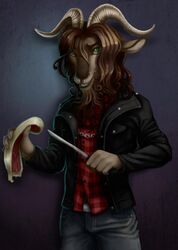  2017 4_fingers anthro arapawa_goat beard biped black_lips bottomwear bovid brown_hair caprine chains clothed clothing curled_hair curved_horn denim denim_bottomwear denim_clothing digital_drawing_(artwork) digital_media_(artwork) domestic_goat ear_piercing ear_stud eyebrows facial_hair facial_piercing fauxlacine fingers food fully_clothed goat gradient_background green_eyes grey_background hair half-length_portrait hi_res holding_food holding_object holding_weapon horn humanoid_hands jacket jeans knife leather leather_clothing leather_jacket leather_topwear light lighting lips looking_up male mammal meat nose_piercing pants piercing plaid portrait purple_background raw_meat septum_piercing shadow shirt simple_background smile snout solo standing tan_horn teeth topwear weapon 