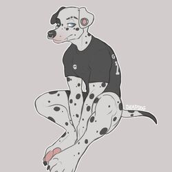  1:1 absurd_res anthro bam_(bambii_dog) bambii_dog barefoot biped black_body black_claws black_clothing black_nose black_shirt black_spots black_topwear black_underwear blue_eyes canid canine canis claws clothed clothing dalmatian domestic_dog ear_piercing facial_piercing feet gauged_ear hi_res looking_at_viewer male mammal markings multicolored_body nose_piercing nose_ring pawpads piercing pink_pawpads ring_piercing septum_piercing shirt simple_background sitting solo spots spotted_body t-shirt text text_on_clothing text_on_shirt text_on_topwear toe_claws topwear two_tone_body underwear white_body 