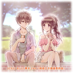  1boy bag black_hair bluez can casual chitanda_eru commentary_request couple crepe dress_shirt drink_can female food frilled_skirt frills green_eyes hyouka long_hair oreki_houtarou pants ponytail purple_eyes shirt sitting skirt smile soda_can straight watch white_skirt wristwatch 