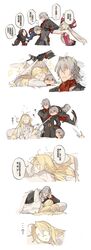  ...? 2boys 2girls antonio_salieri_(fate) antonio_salieri_(second_ascension)_(fate) blonde_hair brown_hair character_doll chinese_commentary chinese_text commentary_request confused fate/grand_order fate_(series) grey_hair half_updo highres hug leonardo_da_vinci_(fate) leonardo_da_vinci_(rider)_(fate) marie_antoinette_(fate) mochimochi_mascot multiple_boys multiple_girls red_eyes sleeping sparks starshadowmagician throwing translated wolfgang_amadeus_mozart_(fate) 