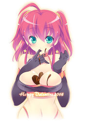  2014 ahoge alice_wishheart between_breasts black_bra black_gloves bra breasts candy chocolate chocolate_on_body chocolate_on_breasts choker commentary_request earrings female food food_between_breasts food_on_body gloves green_eyes happy_valentine heart heart-shaped_chocolate jewelry magical_halloween red_hair short_hair solo star_(symbol) star_earrings tokinon two_side_up underwear upper_body valentine white_background 