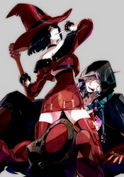  1boy :p bare_shoulders black_hair blue_eyes boots choker commentary_request dress electric_guitar female finger_to_mouth fingerless_gloves from_behind gloves guilty_gear guilty_gear_xrd guitar hat highres hood horns i-no instrument jacket leg_between_thighs raven_(guilty_gear) red_dress red_footwear red_hat red_jacket red_legwear shoes short_hair single_horn suzunashi thigh_boots tongue tongue_out white_hair witch_hat 