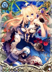  :d alice_(alice_in_wonderland) alice_in_wonderland blonde_hair blue_dress blue_eyes border bow breasts card_(medium) cleavage collarbone cowboy_shot dress female hair_ornament hairbow large_breasts long_hair looking_at_viewer magnus_ignis nekonabe_ao open_mouth pendant_watch rabbit skirt smile solo striped_clothes striped_thighhighs thighhighs watch 