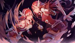  2girls ass caeldori_(fire_emblem) commentary_request cordelia_(fire_emblem) cottan elbow_gloves fire_emblem fire_emblem_awakening fire_emblem_fates gloves head_wings headgear jewelry long_hair multiple_girls pendant red_eyes red_hair skirt smile thighhighs wings 