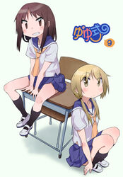  2girls black_legwear blonde_hair blue_sailor_collar blue_skirt blush brown_eyes brown_hair chair commentary_request copyright_name desk ichii_yui kneehighs looking_at_viewer medium_hair multiple_girls okano_kei okayparium parted_lips sailor_collar school_uniform serafuku shoes short_hair sitting skirt smile socks uwabaki yellow_eyes yuyushiki yuyushiki&#039;s_school_uniform 