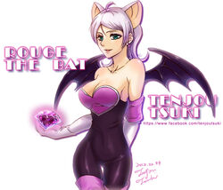  animal_ears ass_visible_through_thighs bare_shoulders bat_ears bat_girl bat_wings breasts chaos_emerald character_name cleavage collarbone commentary_request cowboy_shot earrings elbow_gloves female flipped_hair gem gloves green_eyes heart heart_earrings humanization jewelry light_purple_hair looking_at_viewer medium_breasts parted_lips photoshop_(medium) rouge_the_bat smile solo sonic_(series) tenjou_tsuki thigh_gap white_gloves wings 