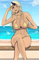  bad_id bad_pixiv_id beach bikini blonde_hair breasts crossed_legs dark-skinned_female dark_skin day female green_kaminari highres horns huge_breasts lens_flare long_hair monster_musume_no_iru_nichijou navel ocean one_eye_closed oni outdoors red_eyes shadow single_horn sitting solo swimsuit tall tall_female tionishia 