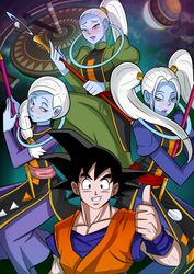  1boy 3girls angel_(dragon_ball) black_hair blue_skin blush braided_ponytail comic cus dragon_ball dragon_ball_super female goku looking_at_viewer male marcarita multiple_girls open_mouth ponytail purple_eyes purple_lips smile son_goku twintails universe_6/universe_7 vados vercomicsporno white_hair 