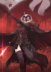  ahoge armor armored_dress banner black_cape black_dress black_thighhighs blackball cape commentary_request dress fate/grand_order fate_(series) female fur_trim holding holding_sword holding_weapon jeanne_d&#039;arc_alter_(avenger)_(fate) jeanne_d&#039;arc_alter_(avenger)_(first_ascension)_(fate) jeanne_d&#039;arc_alter_(fate) looking_at_viewer short_hair solo standing sword thighhighs weapon white_hair yellow_eyes 