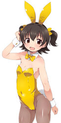  akagi_miria animal_ears black_hair breasts brown_eyes commentary_request covered_navel cowboy_shot detached_collar fake_animal_ears female fishnet_pantyhose fishnets idolmaster idolmaster_cinderella_girls lillithlauda pantyhose playboy_bunny rabbit_ears rabbit_tail short_hair small_breasts solo standing tail two_side_up wrist_cuffs 