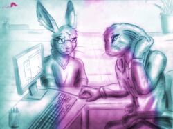  anthro claws clothed clothing computer conditional_dnp duo electronics eyewear floppy_ears fur glasses lagomorph leporid lop_ears male mammal piercing rabbit shy story story_in_description whimsicalsquirrel 