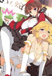  2girls all_fours blonde_hair blue_eyes breasts brown_hair femdom green_eyes heterochromia human_furniture large_breasts multiple_girls official_art open_mouth ryobi_(senran_kagura) ryona_(senran_kagura) ryoubi_(senran_kagura) ryouna_(senran_kagura) senran_kagura senran_kagura_(series) siblings sisters sitting_on_person thighhighs twins yaegashi_nan 