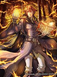  1boy belt book boots commentary_request copyright_name etzel_(fire_emblem) fire fire_emblem fire_emblem:_mystery_of_the_emblem fire_emblem_cipher jewelry long_hair low_ponytail male_focus monocle official_art red_eyes red_hair ring solo sparkle teeth tree 