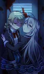  2girls :o @_@ ahoge blonde_hair blood blood_splatter blue_skirt bow commentary_request dress_shirt drill_hair grey_hair hoshi_syoko idolmaster idolmaster_cinderella_girls in_locker jacket locker long_hair long_sleeves morikubo_nono multiple_girls open_clothes open_jacket open_mouth plaid plaid_skirt purple_eyes red_bow shirt short_hair skirt udon_(memai_no_kabe) white_shirt yellow_eyes 