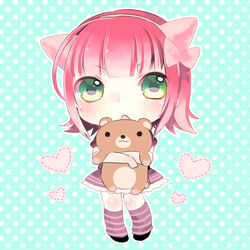  annie_(league_of_legends) blush bow chibi commentary dress english_commentary female green_eyes heart konatsu_miyu league_of_legends pink_hair short_hair short_sleeves solo stuffed_animal stuffed_toy teddy_bear 