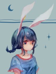  animal_ears aqua_background blue_hair braid crescent dress female highres ijen_(ljenejl) looking_at_viewer rabbit_ears red_eyes seiran_(touhou) short_hair short_sleeves solo sparkle sparkling_eyes touhou twin_braids upper_body 