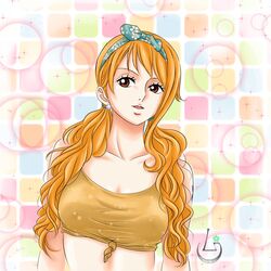  bow brown_eyes headband long_hair nami_(one_piece) one_piece orange_hair pixiv_id_24458387 solo tied_hair twintails 