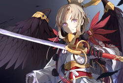  armor blonde_hair feathers japanese_clothes kimono nogi_wakaba purple_eyes sword weapon wings xuu_shi_times yuusha_de_aru 