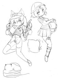  2girls alternate_costume animal_ears camel_(dansen) gun hat kyu_(creature) milia monochrome multiple_girls puki_(creature) sachiho short_hair smile thighhighs weapon 