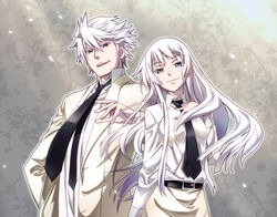  1boy blue_eyes brother_and_sister commentary_request female formal jormungand_(manga) kasper_hekmatyar koko_hekmatyar long_hair necktie nyoro_(nyoronyoro000) pencil_skirt photoshop_(medium) short_hair siblings skirt suit white_hair 