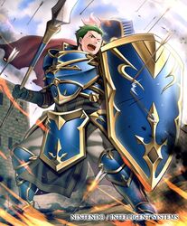  1boy armor arrow_(projectile) commentary_request copyright_name draug_(fire_emblem) fire fire_emblem fire_emblem:_mystery_of_the_emblem fire_emblem_cipher gloves green_eyes green_hair homa_kura male_focus no_headwear official_art one_eye_closed open_mouth polearm rain_of_arrows rock shield sky solo spear teeth weapon 