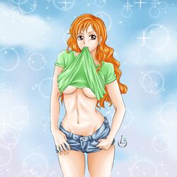  bare_arms breasts brown_eyes curvy denim denim_shorts long_hair midriff nami_(one_piece) navel one_piece orange_hair pixiv_id_24458387 shirt_pull short_shorts shorts stomach thighs underboob 