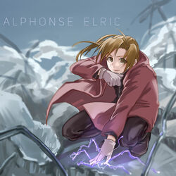  1boy absurdres ahoge alphonse_elric brown_eyes brown_hair character_name cloak commentary_request conqueror_of_shambala electricity feng_qian_dangyang fullmetal_alchemist gloves highres hood hooded_cloak long_hair male_focus photoshop_(medium) ponytail rubble smile solo 