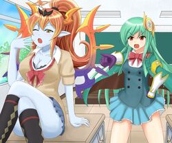  2girls :o ahoge angry athena_(p&amp;d) black_bra blue_skin blush bow bra bra_slip breasts brown_eyes classroom cleavage colored_skin commentary_request crossed_legs demon_girl desk gloves green_hair hair_ornament halo hand_on_own_hip hera-ur_(p&amp;d) hera_(p&amp;d) highres horns jacket lace lace-trimmed_bra lace_trim large_breasts long_hair mechanical_wings mimix33 multiple_girls on_desk one_eye_closed open_mouth orange_hair pleated_skirt pointing pointy_ears puzzle_&amp;_dragons school_desk school_uniform sitting skirt sweater underwear vambraces wings yawning yellow_eyes 