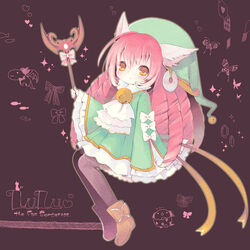  alternate_costume alternate_hair_color alternate_hairstyle animal_ears blush commentary dress english_commentary female green_dress green_hat hat konatsu_miyu league_of_legends long_hair long_sleeves lulu_(league_of_legends) pantyhose pink_hair solo staff yellow_eyes yordle 