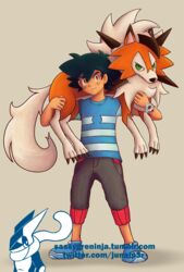  1boy black_hair brown_eyes canine commentary_request green_eyes greninja highres junaip3r lycanroc lycanroc_(dusk) pokemon pokemon_(anime) pokemon_(creature) pokemon_sm_(anime) satoshi_(pokemon) z-crystal z-ring 