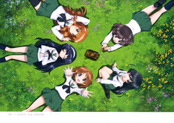  5girls :d absurdres ahoge akiyama_yukari black_eyes black_hair black_socks black_thighhighs blouse blue_legwear blunt_bangs brown_eyes brown_hair circle_formation closed_eyes flower from_above girls_und_panzer grass green_skirt hairband highres isuzu_hana kneehighs kneeling legs loafers long_hair long_sleeves looking_at_viewer lying messy_hair miniskirt multiple_girls neckerchief nishizumi_miho official_art on_back on_stomach ooarai_school_uniform open_mouth orange_eyes orange_hair outdoors outstretched_arms outstretched_hand pleated_skirt reizei_mako scan school_uniform serafuku shirt shoes short_hair skirt smile socks sugimoto_isao takebe_saori thighhighs toy_tank white_shirt zettai_ryouiki 