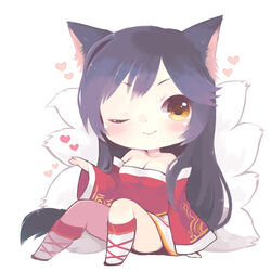  ahri_(league_of_legends) animal_ears black_hair blush breasts brown_eyes chibi cleavage commentary detached_sleeves female fox_ears fox_tail heart konatsu_miyu korean_clothes league_of_legends long_hair medium_breasts one_eye_closed sitting smile solo tail white_background 