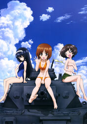  3girls :d absurdres accidental_exposure akiyama_yukari barefoot between_legs black_hair blush breasts brown_eyes brown_hair cleavage cloud collarbone covering_breasts covering_privates day embarrassed eyebrows girls_und_panzer hairband halterneck hand_between_legs head_tilt highres long_hair looking_at_viewer military military_vehicle motor_vehicle multiple_girls nishizumi_miho official_art on_vehicle open_mouth outdoors panzer_iv reizei_mako sitting sky small_breasts smile sugimoto_isao swimsuit tank translation_request unworn_bikini_top very_long_hair wardrobe_malfunction waving 