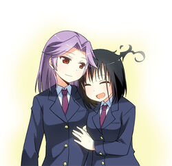  2girls arm_hug black_hair blush breasts closed_eyes commentary_request hug kajiki_yumi lowres medium_breasts medium_hair multiple_girls necktie purple_hair saki_(manga) school_uniform smile touyoko_momoko tsuruga_school_uniform umekichi yuri 