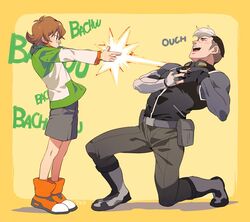  1boy artist_name boots brown_hair commentary_request female finger_gun glasses kneeling multicolored_hair pidge_gunderson reverse_trap short_hair simple_background smile t_k_g takashi_shirogane two-tone_hair voltron:_legendary_defender voltron_(series) yellow_background 