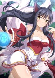  ahri_(league_of_legends) animal_ears bare_shoulders black_hair blush breasts cleavage collarbone commentary detached_sleeves energy_ball facial_mark female forest fox_ears fox_tail korean_clothes large_breasts league_of_legends long_hair multiple_tails nature solo tail twitter_username wanaca whisker_markings yellow_eyes 