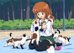  :3 :d ^_^ absurdres animal animal_on_shoulder bag black_legwear blue_eyes blurry blush brown_eyes brown_hair bush calico closed_eyes colored_sclera day depth_of_field eyebrows fangs feline female full_body girls_und_panzer green_skirt handbag highres long_hair looking_at_another no_shoes official_art ooarai_school_uniform open_mouth outdoors paw_print pleated_skirt school_uniform serafuku shirt sitting skirt slit_pupils smile sparkle standing sugimoto_isao takebe_saori thighhighs too_many too_many_cats tree wariza white_shirt yellow_sclera 