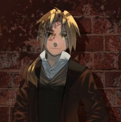  1boy ahoge blonde_hair brick_wall commentary_request conqueror_of_shambala edward_elric fullmetal_alchemist jacket long_hair looking_at_viewer male_focus ponytail rasupekuto smile solo upper_body vest yellow_eyes 