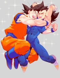  2boys abs absurdres arms_up bad_id bad_pixiv_id black_hair blue_footwear bodysuit boots clenched_hand covered_navel dragon_ball dragon_ball_z gloves grey_background highres hug jumping legs_folded male_focus multiple_boys muscular open_mouth skin_tight smile son_goku sparkle spiked_hair supobi vegeta wristband 