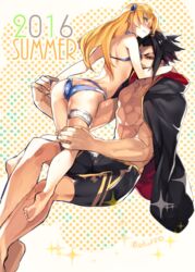  1boy 2016 abs ass barefoot bikini black_hair blazblue blazblue:_chronophantasma blonde_hair blush commentary_request female forked_eyebrows green_eyes hair_ornament hyakuhachi_(over3) kagura_mutsuki long_hair muscular noel_vermillion pointing polka_dot polka_dot_background summer swimsuit 