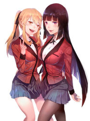  2girls arm_around_waist black_hair black_legwear black_skirt blazer blonde_hair breasts collared_shirt commentary_request highres hyakkaou_academy_school_uniform jabami_yumeko jacket jewelry kakegurui large_breasts long_hair looking_at_viewer medium_breasts multiple_girls pantyhose parted_lips photoshop_(medium) red_eyes red_jacket ring saotome_mary sawamaharu school_uniform shirt skirt smile teeth thumb_ring twintails white_shirt yellow_eyes yuri 