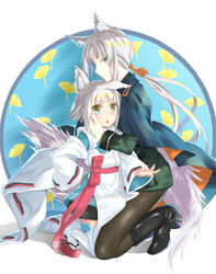  2girls animal_ear_fluff animal_ears black_legwear blue_eyes blush boots bow cloak commentary_request dual_persona fox_ears fox_tail hair_ribbon high_heels highres hishamaru hug japanese_clothes kneeling kon_(tokyo_ravens) long_hair long_sleeves multiple_girls pantyhose photoshop_(medium) ponytail ribbon ribbon-trimmed_sleeves ribbon_trim short_hair silver_hair spoilers tail thighhighs tokyo_ravens veaml 