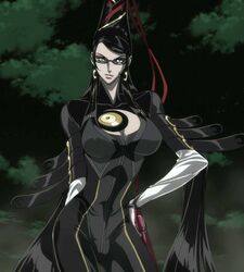  bayonetta bayonetta:_bloody_fate bayonetta_(character) black_hair breasts earrings female glasses highres jewelry large_breasts long_hair screencap smile solo stitched 