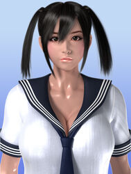  3d black_hair breasts brown_eyes cleavage female large_breasts lipstick looking_at_viewer sailor_uniform solo tan twintails twintails umemaro upper_body 