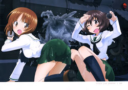  2girls absurdres akiyama_yukari all_fours black_legwear blouse blush brown_eyes brown_footwear brown_hair embarrassed girls_und_panzer green_skirt highres kneehighs kneeling loafers long_sleeves messy_hair military military_vehicle miniskirt motor_vehicle multiple_girls neckerchief nishizumi_miho official_art one_eye_closed ooarai_school_uniform open_mouth pantylines panzer_iv pleated_skirt scan school_uniform serafuku shirt shoes short_hair sitting skirt socks sugimoto_isao tank wet wet_clothes wet_skirt white_shirt wrench 