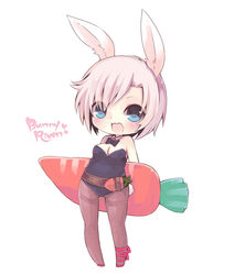  alternate_costume animal_ears battle_bunny_riven belt blue_eyes blush breasts carrot chibi cleavage commentary english_commentary female konatsu_miyu league_of_legends leotard medium_breasts open_mouth pantyhose playboy_bunny rabbit_ears riven_(league_of_legends) short_hair smile solo white_background white_hair 