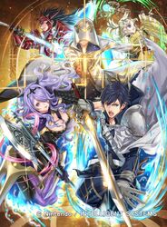  2girls 3boys armor axe battle_axe black_hair blonde_hair blue_eyes blue_hair breasts brown_gloves camilla_(fire_emblem) cape chrom_(fire_emblem) cleavage closed_mouth commentary_request company_connection company_name copyright_name falchion_(fire_emblem) fire_emblem fire_emblem_awakening fire_emblem_cipher fire_emblem_fates fire_emblem_heroes gloves hair_over_one_eye helmet holding holding_sword holding_weapon hood hooded_coat katana kiran_(fire_emblem) kiran_(male)_(fire_emblem) kuroba.k large_breasts lips lissa_(fire_emblem) long_coat long_hair makeup multiple_boys multiple_girls official_art open_mouth pants purple_eyes purple_hair ryoma_(fire_emblem) shiny short_hair short_twintails shoulder_armor staff sword twintails weapon wide_sleeves 